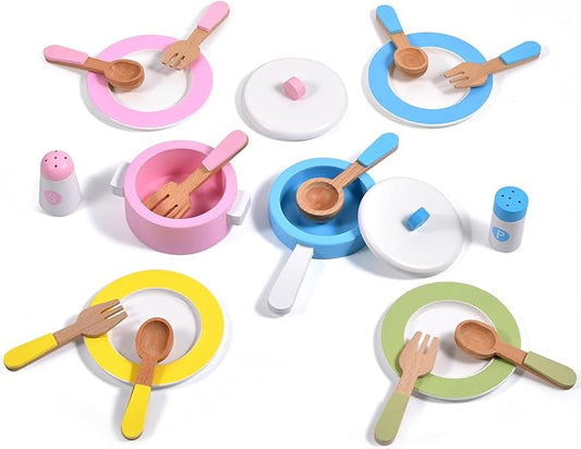 WHOHOLL Wooden Toy Kitchen & Play Dishes Set, Montessori Kitchen Toys for Girls and Boys, Pretend Play Kitchen Accessories Toddler Cooking Toys for Kids Ages 1-5 - Christmas Birthday Gift Sets