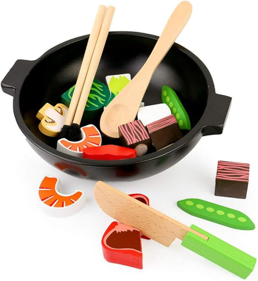 DANNI Children Wood Pretend Play Food Kitchen Toys Baby Simulation Chinese Finished Restaurant Casserole Vegetable Hot Pot Food Toy