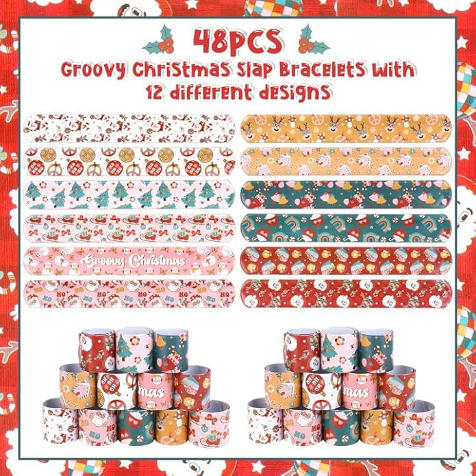 Serencatcher Christmas Slap Bracelets Christmas Party Favors Christmas Slap Wristbands for Xmas Birthday Party Stocking Goodie Bag Stuffers Gifts Toys