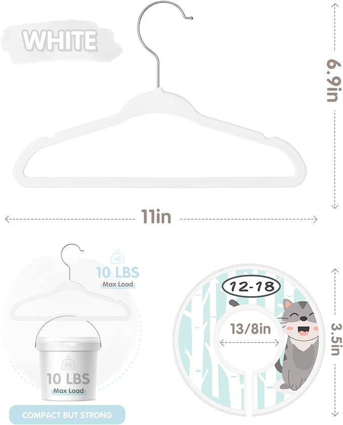 Baby Hangers, VIS'V 11 Inch White Velvet Kids Hangers with 6 Pcs Size Dividers Non Slip Nursery Children Closet Clothes Hangers for Infant Toddler Girls and Boys 30 Pcs