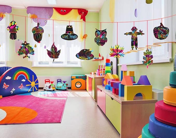 Hohomark Thanksgiving Scratch Off Cards - 24PCS Thanksgiving Crafts for Kids DIY Rainbow Scratch Paper for Thanksgiving Party Thanksgiving Arts and Crafts for Kids