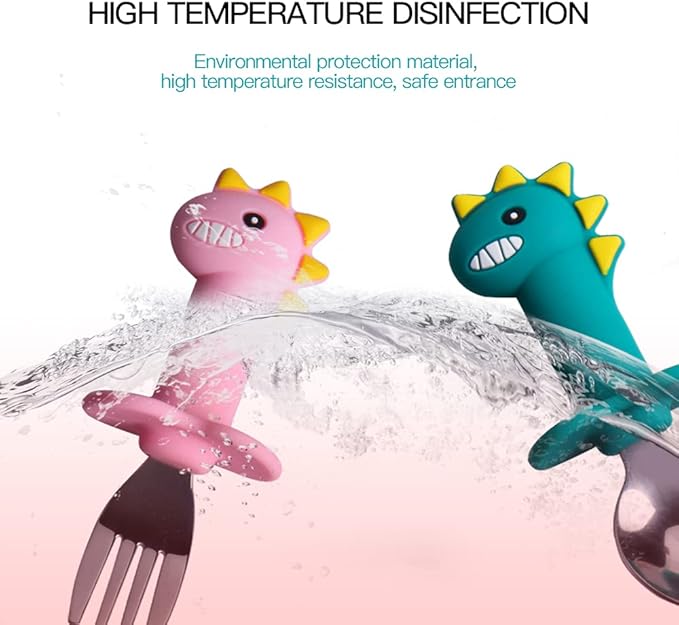 Baby Forks and Spoons Set Baby Training Utensils Self Feeding Toddler Silverware Silicone and Stainless Steel Kids and Toddler Utensil (Pink Dinosaur - Short)