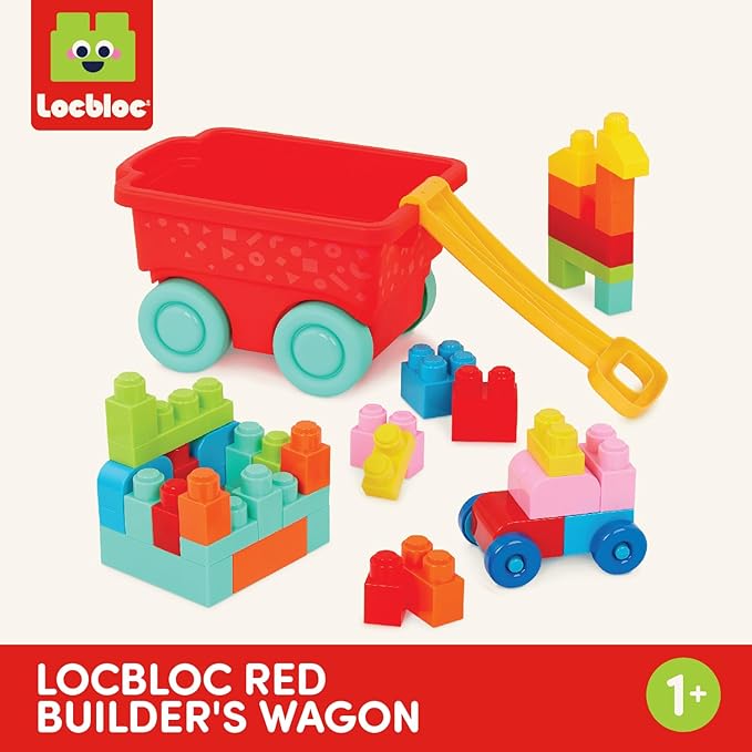 Battat – Building Blocks – 47Pc Brick Set – Colorful & Chunky Bricks – Unique Wheel Bricks – 12 Months + – Locbloc Red Builder's Wagon