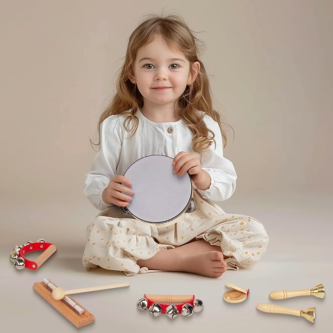Wooden Musical Instruments Set for Toddlers 1-3, Natural Wood Percussion Instruments Xylophone Gift Set for Girls Boys Kids ,Preschool Educational Musical Toys with Storage Bag (Log Color)