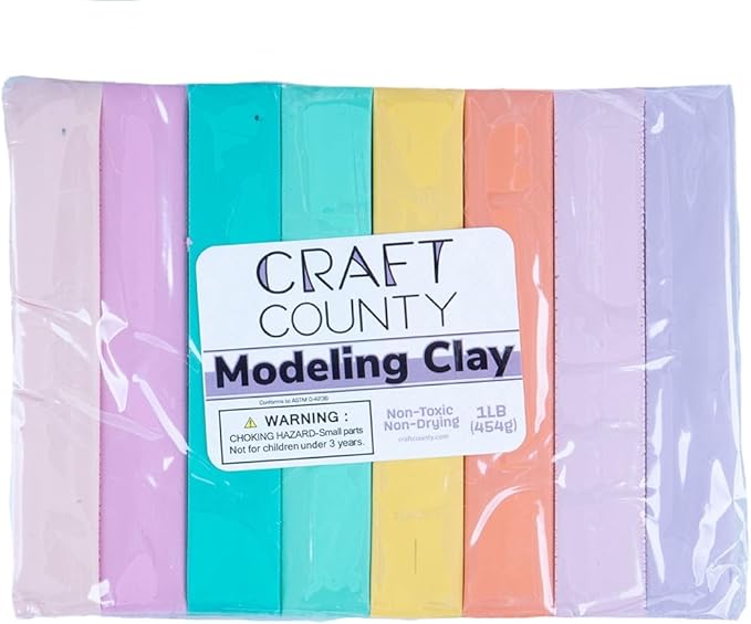 Craft County Modeling Clay – 1 lb (Eight Assorted Color Bars) – Use for Claymation, Models, and Stop Motion (Pastels)