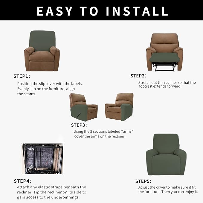 Easy-Going 100% Dual Waterproof Recliner Cover Stretch Soft Couch Cover for Dogs, Sofa Slipcover for Recliner Couch Leakproof Furniture Protector for Kids, Pets Grayish Green