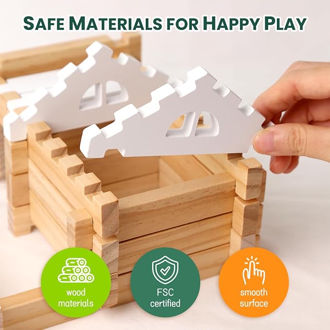 Jovi-mindly Dream House Building Blocks Set Wooden Blocks Toys (107 pcs) with Door and Windows, Educational Classic Wooden Blocks for Toddlers Ages 3+ Boys and Girls Aged,FSC Certified