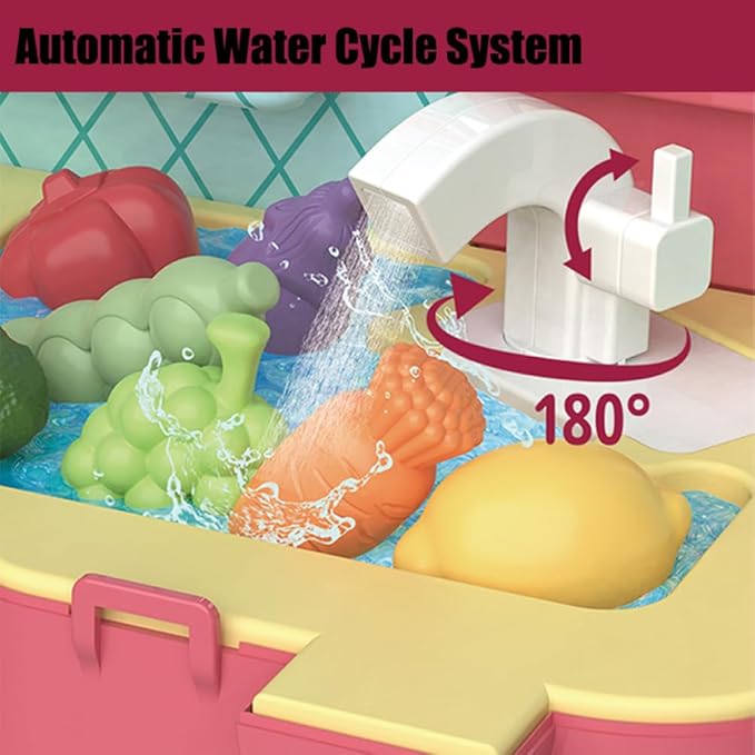 Kitchen Playset, 3 in 1 Kitchen Pretend Play, 68 PCS Realistic Cooking Accessories, Sounds, Lightnd, Running Water,Ideal Gift for Boys and Girls