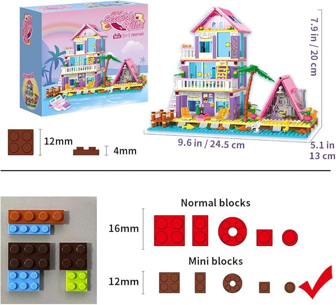 Girl Beach House Building Blocks Toys for Girls Age 8+, Seaside Villa Friends Building Set with Light, 791pcs Mini Bricks