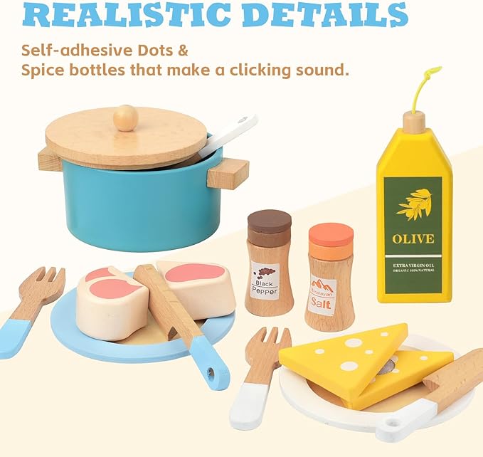 Wooden Play Kitchen Accessories for Toddlers, Kids Pretend Play Pots and Pans Food Dishes Utensils Cooking Toy Set, 20 Pieces Montessori Kitchen Tools Gifts for Boys Girls Ages 3 4 5 6 Years Old