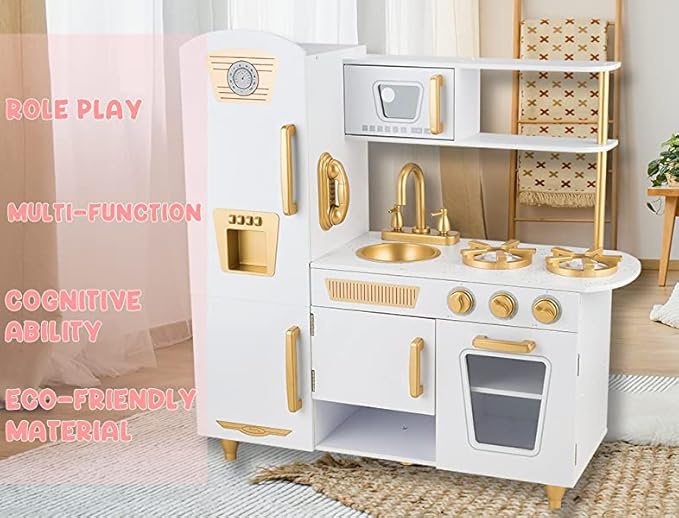 Kitchen Playset for Kids Ages 3-8, Wooden Pretend Play Kitchen with Realistic Sounds, Including Telephone, Ice Maker, Refrigerator, Dimensions: 35” H x 31” W x 12” D (White)