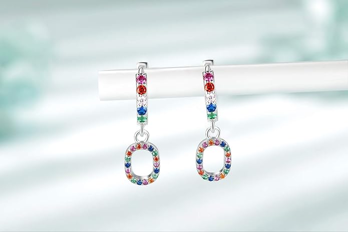Presentski Initial Earrings 925 Sterling Silver Colorful Huggie Small Hoop Earrings Rainbow CZ Drop Dangle Simple Alphabet Earrings S925 Hypoallergenic Earring Letter A-Z for Daughter Women