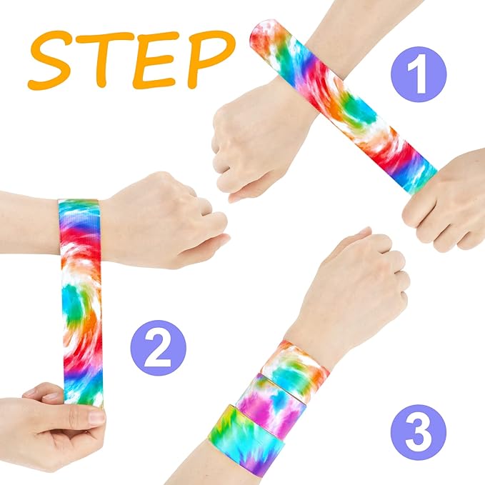 Sawowkuya 48PCS Tie Dye Party Favors Slap Bracelets, Colorful Wristbands for Kids Classroom Gifts Exchanging,Gift Box Filler,Birthday Party Decorations Supplies
