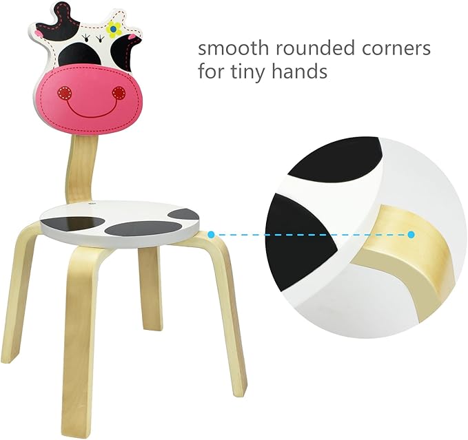 iPlay, iLearn 2 PCS Wooden Kids Chair Sets, Natural Hardwood 2 Cow Animal Children Chairs, Furniture Set for Toddlers Kids Boys Girls, Stackable for Playroom, Nursery, Preschool, Kindergarten