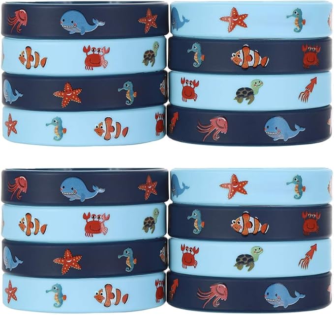 Cleverplay 24 Pack Under the Sea Silicone Wristbands Bracelets, Ocean Life Animal Birthday Decoration Party Favors for Kids