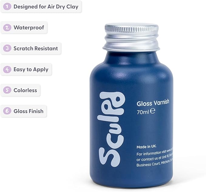 Sculpd Clear Varnish for Air Dry Clay Pottery, Gloss Finish Clear Varnish for Pottery and Acrylic Paint, Create Waterproof Pottery from Home, Colourless Scratch Resistant Varnish, 70ml
