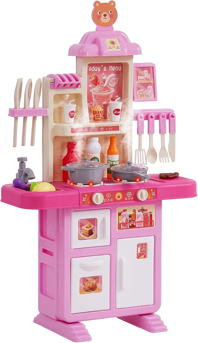 VEVOR Kids Kitchen Playset, Toddler Kitchen with Cooking Stove with Steam, Sounds and Lights, Play Kitchen Set with 48 PCS Cooking Accessory Set for Toddlers, Preschoolers, Children Ages 3-5, Pink