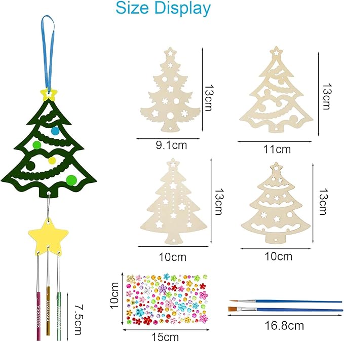 12 Pack Wind Chime Kit for Kids,Christmas Craft Kits DIY Christmas Tree Wind Chime Unfinished Wooden Xmas Tree Ornaments for Boys Girls Activity Art Project Decor