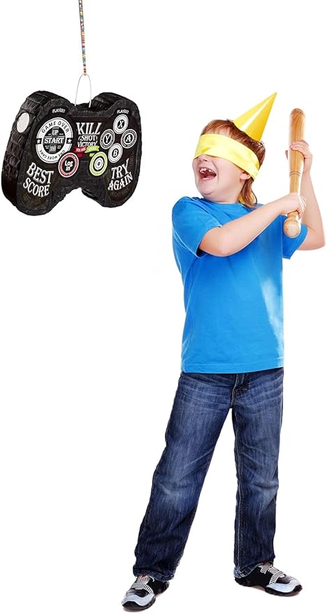 Video Game Pinata Set Video Game Party Favors Supplies for Boy Kids Gamer Party Game Controller Pinata with Straws Bracelets Stickers Keychain Confetti Tools for Party Decoration (Black)
