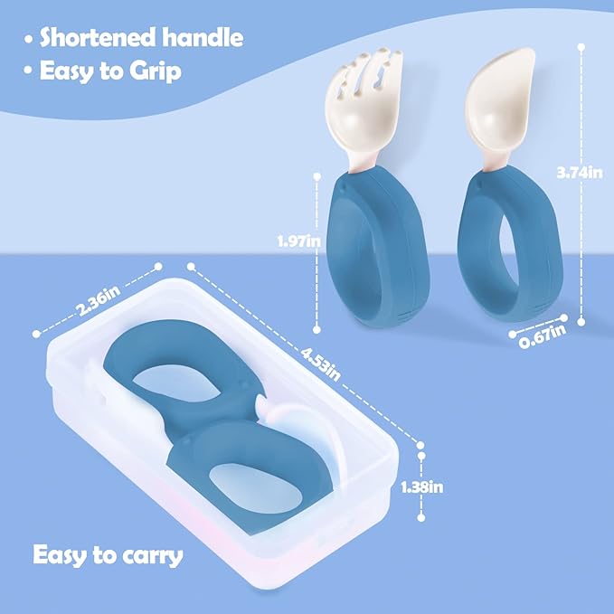 Baby Self Feeding Training Spoon and Fork Set with Travel Case, BPA-Free Cute Circle Toddler Training Utensils, Silicone/ABS Great Tableware Set Spoons Fork for Kids (Blue)