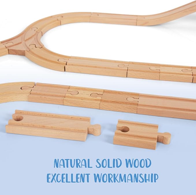 Wooden Train Tracks 58 Piece Set, Track Expansion and 9 Distinct Pieces - 100% Compatible with All Major Brands Including Thomas Wooden Railway System