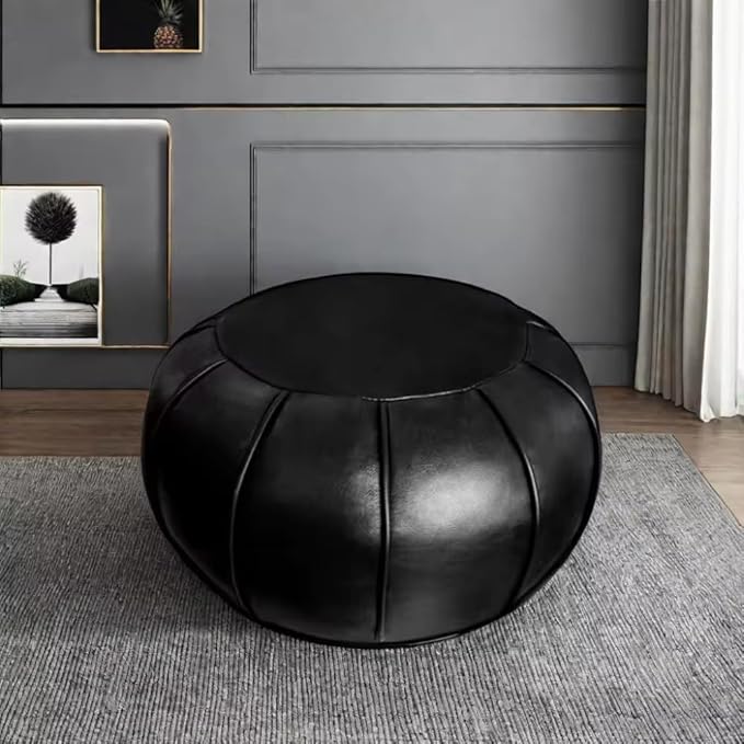 Louis Donné Unstuffed Ottoman Pouf Cover, Supersoft Handmade Faux Moroccan Decor, Small Bean Bag for Storage Solution, Foot Stool for Foot Rest, Footstools for Balcony Office Indoor 21dia Black