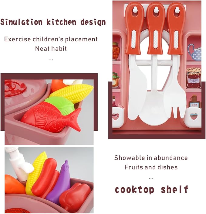 Kitchen Toys Imitated Chef Light Music Pretend Cooking Food Set,Children Girl Toy Gift Toy Kitchen Sink with Running Water and Electronic Induction Stove (red Kitchen Set) (Blue Kitchen Set)