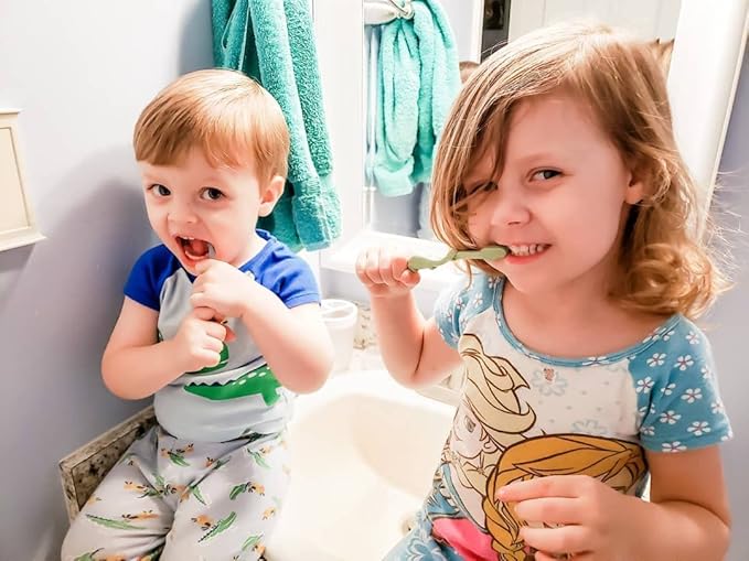 ROARex® All-Natural Eco Friendly Kids Toothbrush Made from Plants - Dinosaurs 4-36m - Baby to Toddler - Blue/Green - 4pk | 1% for The Planet Product