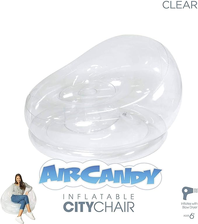 Air Candy Inflatable Clear Chair - Heavy Duty PVC, Waterproof, Indoor/Outdoor Use, 300 lb Capacity