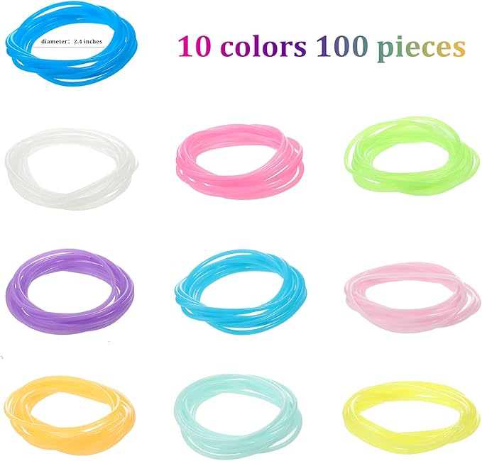 100 Pieces Silicone Jelly Bracelets Luminescent 80s 90s Hair Ties Accessories Multicolor Rainbow Wristband Valentine's Party Favor Mardi Gras Wrist Armband Retro Band for Girls Women Employee Team
