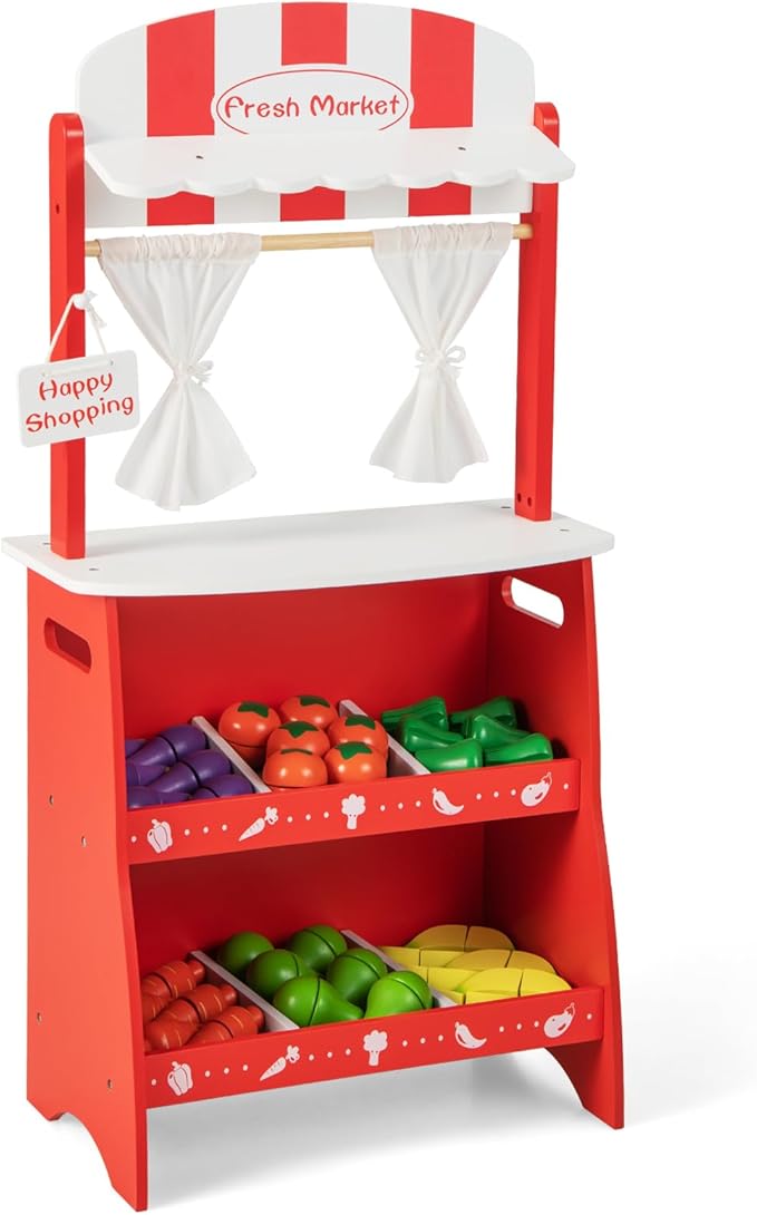 INFANS Grocery Store Marketplace Toy for Kids, Wooden Market Stand Pretend Play Set with 36 Cutting Vegetables Fruits Pieces, Role Food Shop Playset Gift for Boys Girls Ages 3+