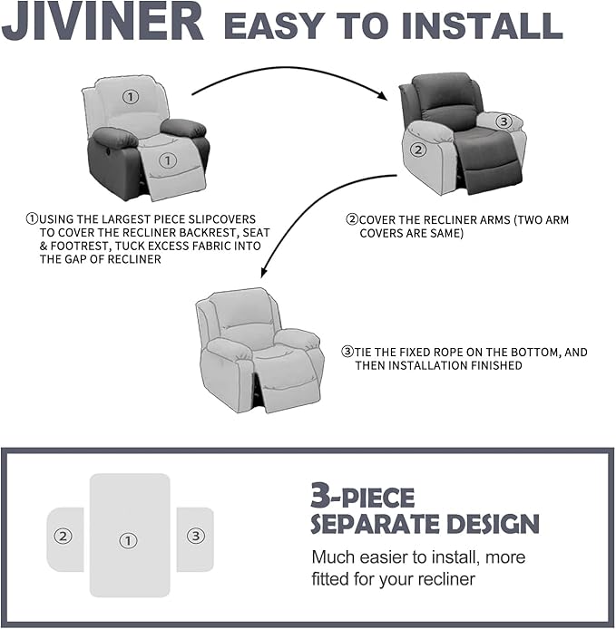 JIVINER Small Recliner Chair Covers, 3 Piece Slipcovers for Large Recliner Chair Soft Jacquard Reclining Chair Protector Slipcovers for Dogs,Cats (Recliner Small, Dark Gray)