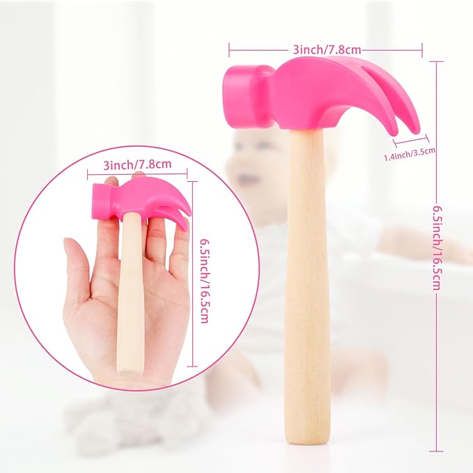 2 Pack Wooden Hammer Toys Simulation Hammers Maintenance Tools Educational Toys for Kids Birthday Party Games Supplies (Rose Red)