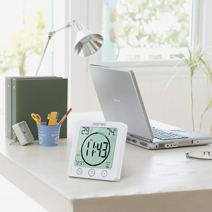 Digital Shower Clock, Bathroom Timer Clock, Waterproof for Water Spray, Count Up Count Down Alarm, Touch Screen Timer, Temperature Humidity, Wall Clock Magnet, Suction Cup, Hang, Stand (1pack)