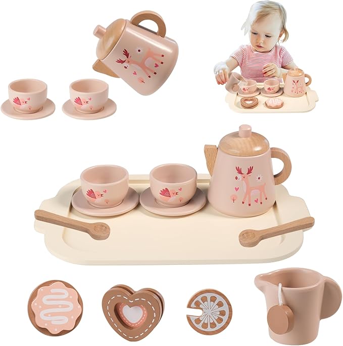 Tea Party Set for Toddlers 3-5 12 Pieces Toddler Tea Set for Little Girls Pretend Play Kitchen Accessories with Teapot,Cups,Tray and Cookies Birthday Gifts for 3 4 5 Year Old Girls