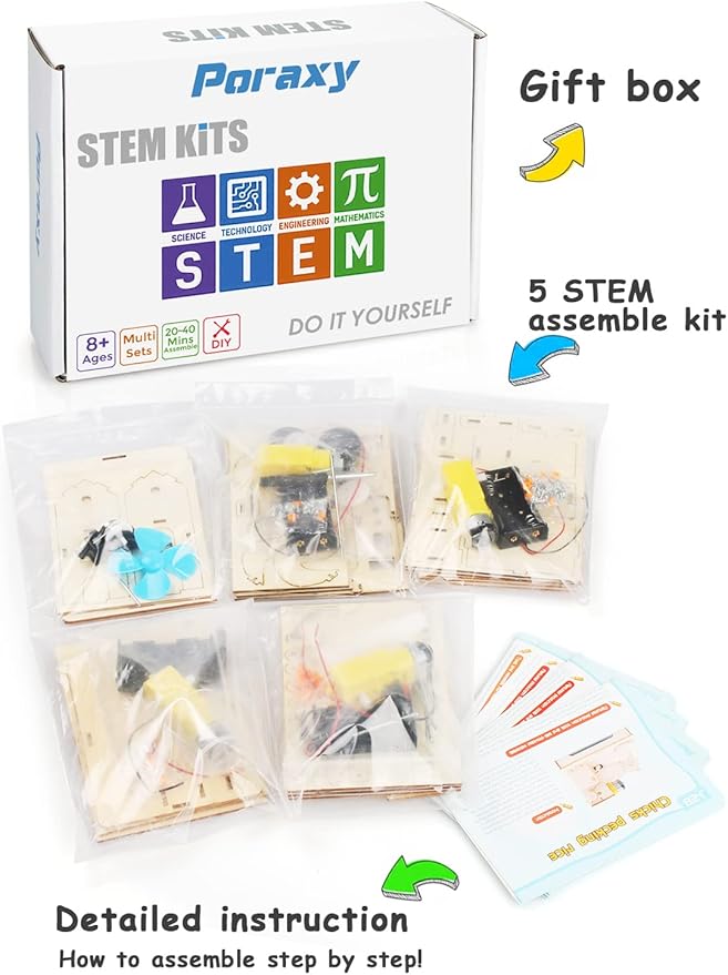 Poraxy 5 Set STEM Kits for Kids Ages 8-10, Toys for Ages 8-13, 3D Wooden Puzzles, Educational Engineering Arts Crafts Science Building Kits, Gifts for Boys and Girls 7 8 9 10 11 12 13 Year Old