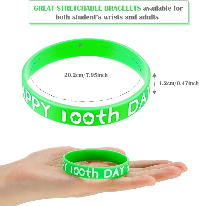 WILLBOND Happy 100th Day of School Silicone Bracelets Colorful Rubber Wristbands Gift for Kindergarten Teacher Student Rewards Classroom Party Supplies Decoration(50)