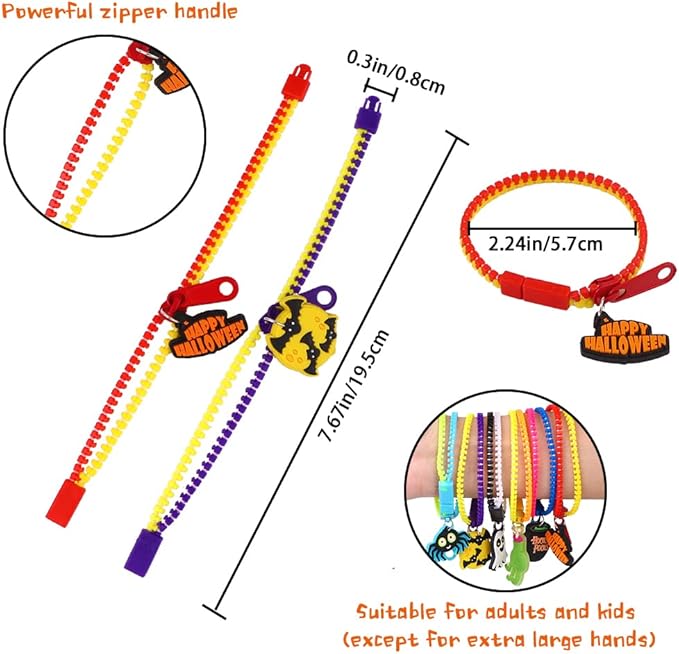 YUJUN 28PCS Halloween Zipper Bracelets for Kids,Halloween party favor Fidget Zipper Wristbands Bulk Trick or Treat Gifts Prizes Giveaways Candy Goodie Bag Stuffers and Kids Halloween Party Supplies