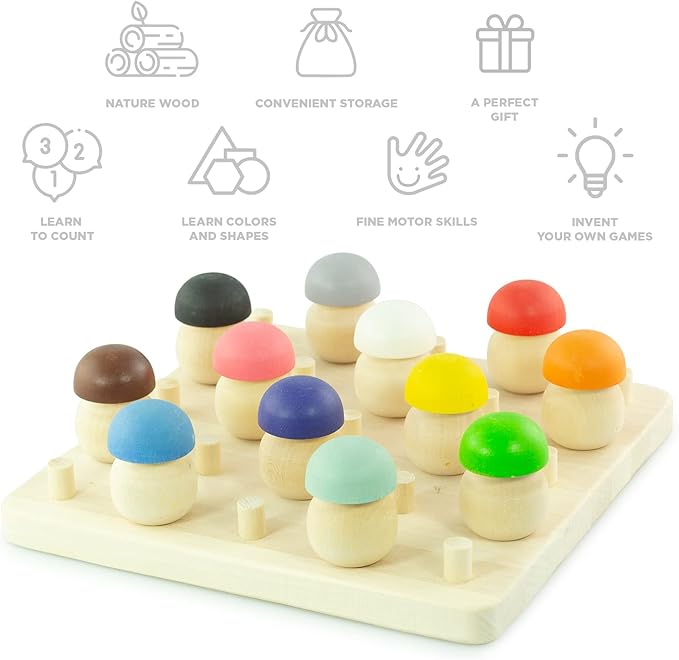 Ulanik Mushroom Glade Toddler Montessori Toys for 3 Year Old + Kids Wooden Mushrooms Game for Learning Color Sorting and Counting Preschool Education — 25 pcs