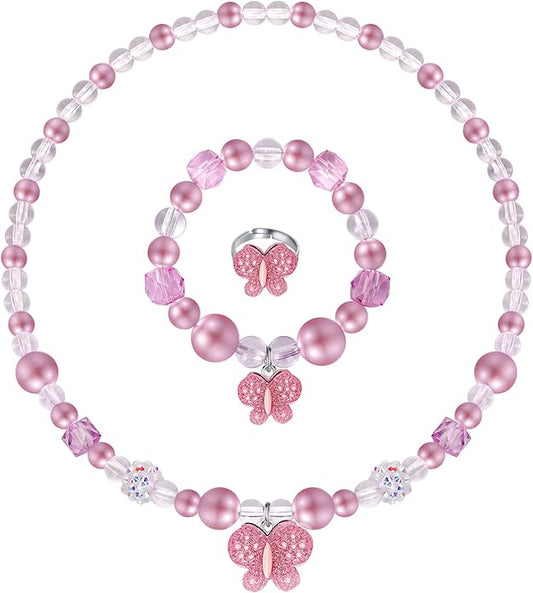 Butterfly Jewelry Set, Kids Butterfly Jewelry for Girls Included Necklace Bracelet Ring, Stretchy Toddler Play Jewelry Cute Toddlers Butterfly Pendant,Pretend Dress up Jewelry