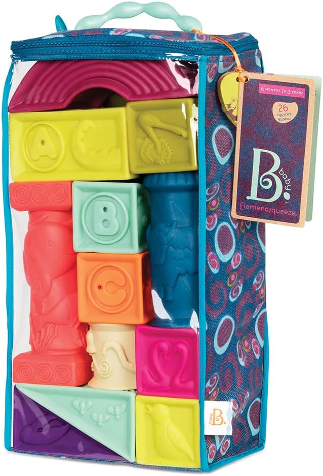 B. toys- B. baby- Elemenosqueeze- Baby Blocks- 26 Soft Sort & Stack Blocks With Alphabet – Architectural Building Blocks – Shapes, Letters & Animals – 6 Months +
