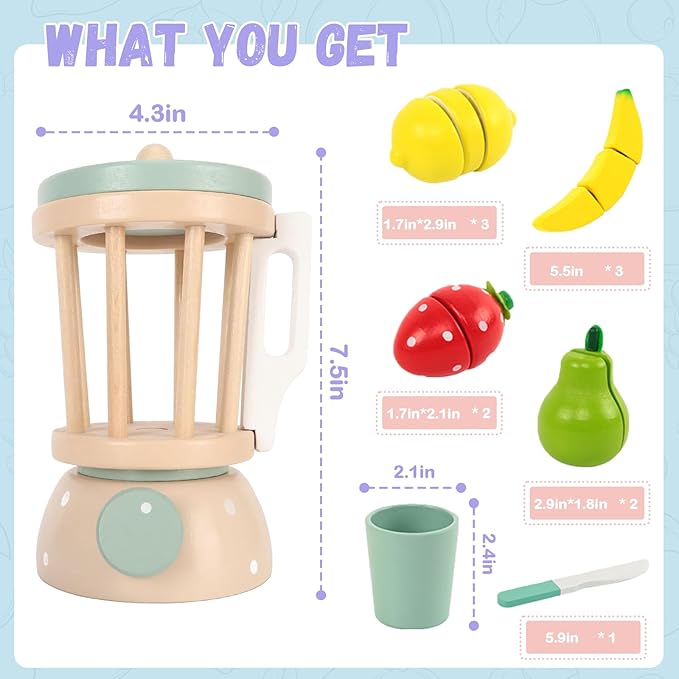 Wooden Blender Toys Play Kitchen Set for Kids-Fruit Juicer Maker Toy,Pretend Cutting Fruits Toys Mixer Food Play Kitchen Accessories for Kids,Toy Blender for Kids 3+ Years Old(Wood Fruit Blender)