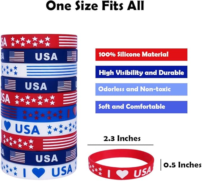 100Pcs American Flag Silicone Bracelets, Election Fourth 4th of July Party Accessories USA Veterans Day Memorial Day Patriotic Party Red White and Blue Wristband Party Favors School Gifts