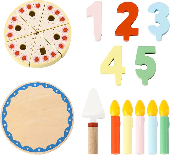 Wooden Cutting Birthday Cake Toys,Birthday Fake Cake Toy with Candles and Numbers, Pretend Play Food Set ,Montessori Tea Party Toys Learning Kitchen Toys for Boys Girls 1-6 Years