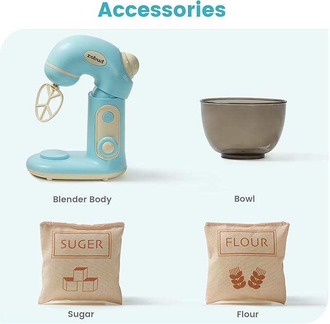 ROBUD Toy Blender, Toy Mixer with Bowl, Flour and Suger, Kids Play Kitchen Accessories, Pretend Play Kitchen Appliance for Kids with Realistic Light and Sound, Boys & Girls Toys Ages 3+