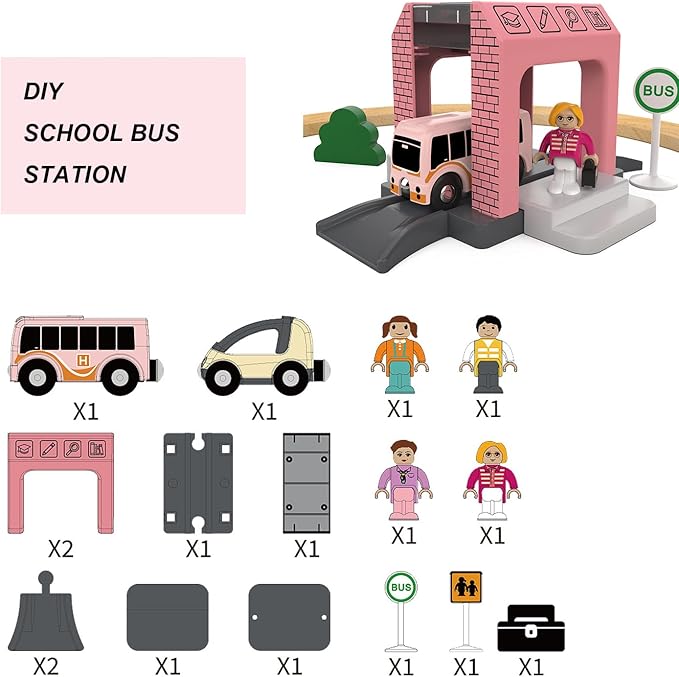 School Bus Station Toy for Wooden Train Track, DIY Extend Station Playset for Railroad Train Track,Preschool Learning Educational Toys for Toddlers Kids Age 3 and up