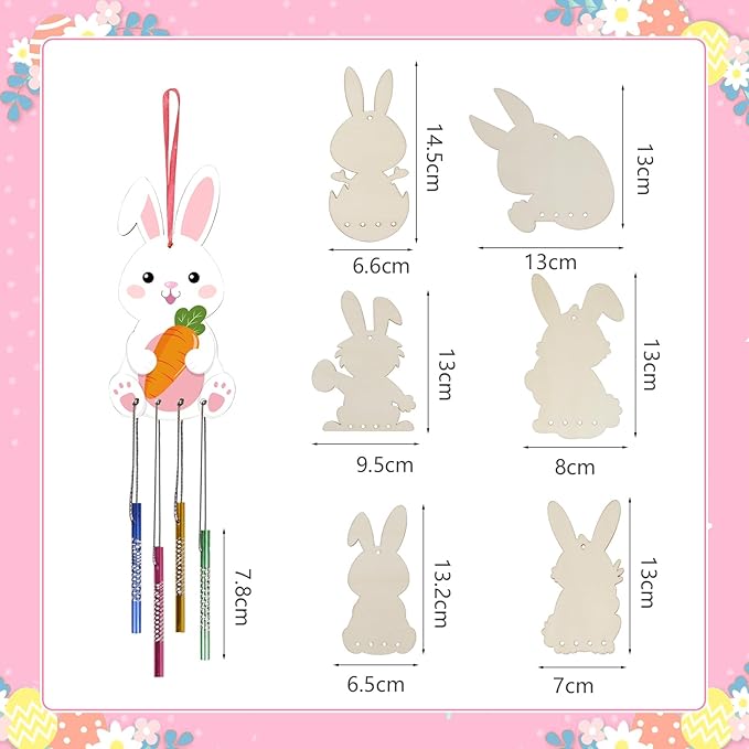 Fennoral 24 Pack Bunny Wind Chime Kit for Kids Make You Own Easter Rabbit Wind Chimes DIY Coloring Wooden Easter Craft for Girls Boys for Easter Hanging Ornaments Easter Party Decoration