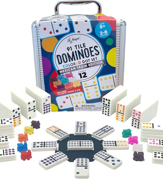 Regal Games - Double 12 Mexican Train Dominoes - Colored Dots Set - Fun Family-Friendly Dominoes Game - Includes 91 Tiles, Collector's Case & Plastic Hub w 9 Plastic Trains - Ideal for 2-8 Players