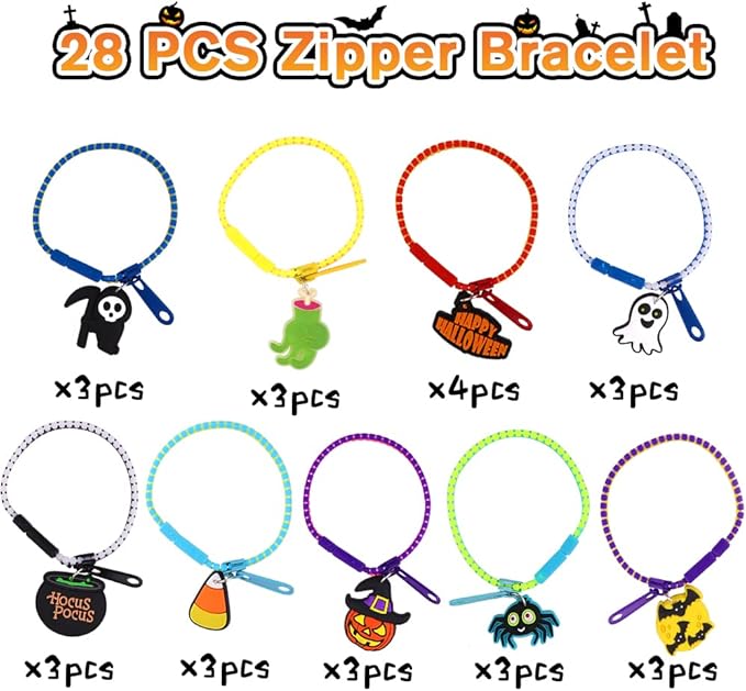 YUJUN 28PCS Halloween Zipper Bracelets for Kids,Halloween party favor Fidget Zipper Wristbands Bulk Trick or Treat Gifts Prizes Giveaways Candy Goodie Bag Stuffers and Kids Halloween Party Supplies
