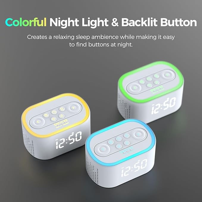 Reacher Digital Alarm Clock & White Noise Sound Machine, 21 Soothing Sounds, 7 Wake Up Sounds, 8 Night Lights, 9 Sleep Timer, 32-Level Volume, Memory Function for Bedside, Bedroom, Teens, Kids, White